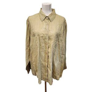 New York Company Camp Shirt Womens Size XL 100% Linen Collared Button Up Green
